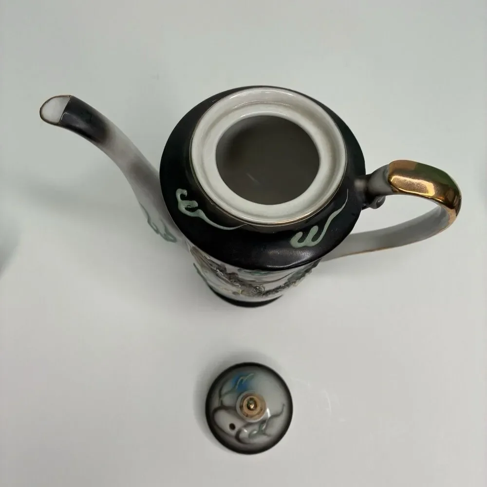 Dragonware Japan Moriage Lithophane Black Gray Blue Tea Pot Creamer Sugar Set